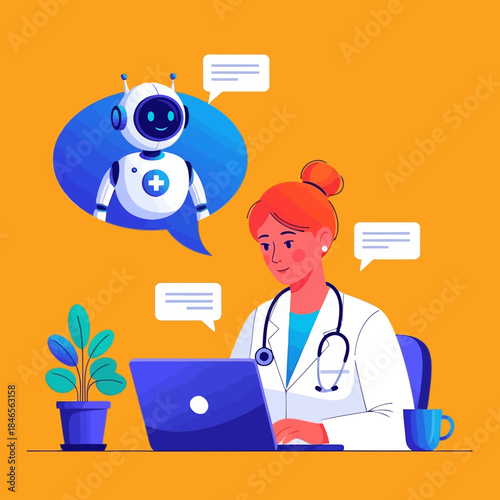 A doctor using a laptop with a robot assistant providing medical information through a speech bubble
