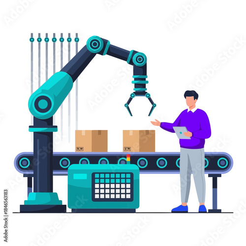 Worker monitoring robotic arm in a modern factory with conveyor belt and boxes