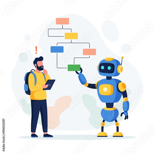 A man with a backpack and a robot discussing a flowchart diagram together, illustrating technology and human collaboration