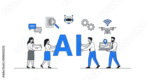 Illustration of people working with artificial intelligence technology, including robots, data analysis, and digital devices