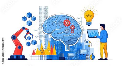 Conceptual illustration of artificial intelligence, robotics, and human collaboration with brain, robot arm, and light bulb