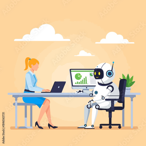 A woman and a robot working together at a desk with laptops and a plant in a modern office setting