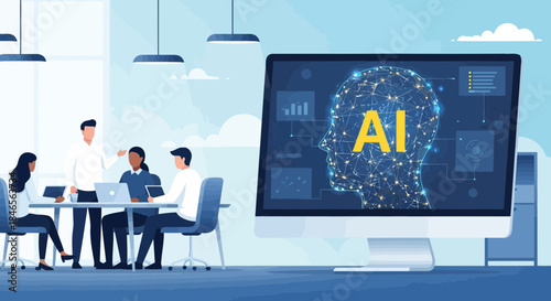 Team of business people discussing ai technology in a modern office with a large screen displaying a brain with ai symbol