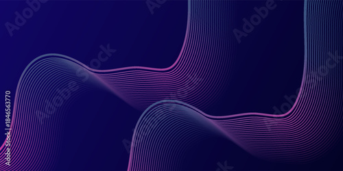 Abstract background featuring smooth flowing gradient lines in purple and blue tones on a dark navy background. Modern and elegant digital wave design.