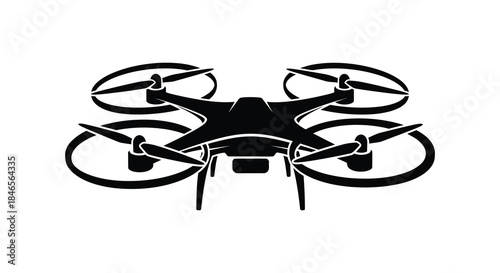 A detailed black drone design with four rotors and landing gear a striking silhouette