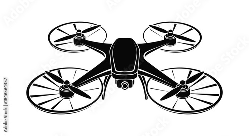 A detailed black and white illustration displaying a modern quadcopter drone design silhouette