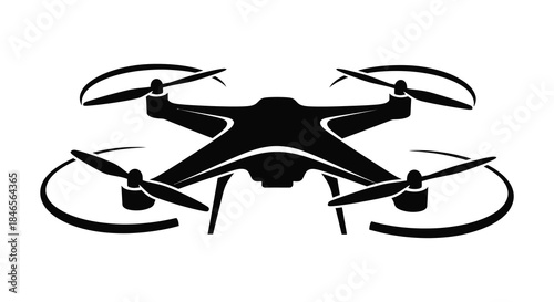 A striking black drone design with four rotors is prominently displayed as a silhouette