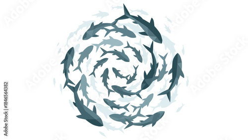 Swirling sharks silhouette pattern in a dynamic circular composition