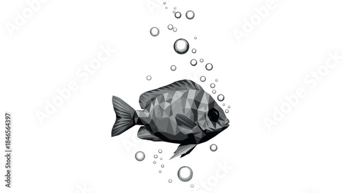 Geometric low poly fish with bubbles on a white background