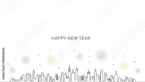 New Year's Eve Skyline: A minimalist, line art illustration of a city skyline celebrates the New Year with a simple, elegant style and celebratory fireworks.