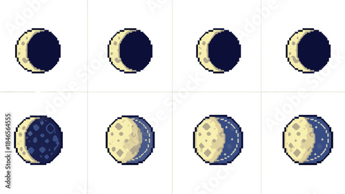 Pixel art moon phases chart: detailed lunar cycle in retro style