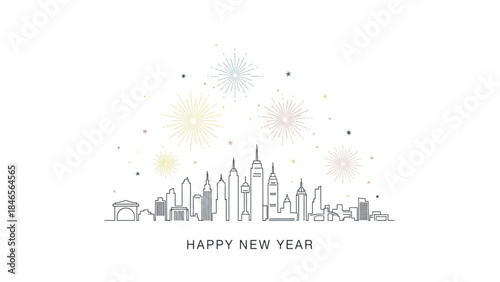 New York City Skyline Celebration: A stylized illustration of the New York City skyline comes to life, fireworks illuminating the night sky, and wishing everyone a Happy New Year.