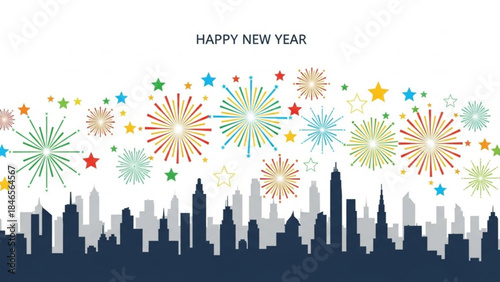 New Year Cityscape Celebration: vibrant fireworks bursting over a silhouetted cityscape, marking the beginning of a fresh year with colorful energy and celebratory spirit.