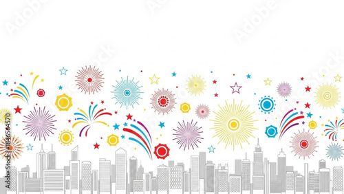 Celebratory Skyline with Fireworks: A vibrant illustration showcasing a skyline silhouette beneath a spectacular display of colorful fireworks, perfect for celebratory events and festive occasions.