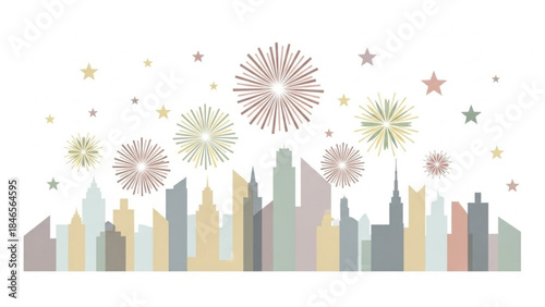 City Skyline Celebration: Colorful fireworks explode above a silhouetted cityscape, creating a vibrant spectacle of lights and shapes. The scene evokes a sense of festivity and excitement.