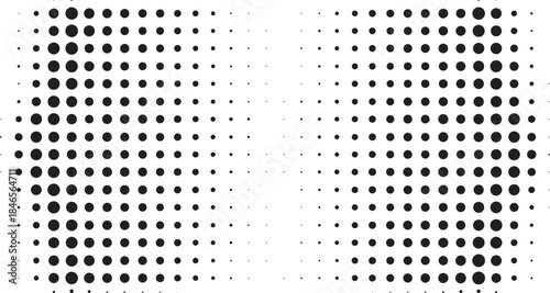 Seamless Dot Halftone Gradient Background. Black Dots Pattern Transitioning from Edges to Center. Geometric Grid Halftone Dot Pattern with Gradual Size Variation Texture.