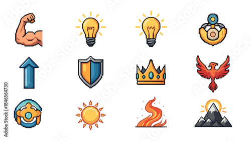 Colorful icon set featuring arm, bulb, shield, crown, and nature elements in modern style