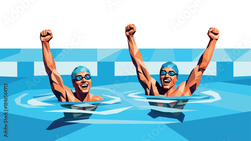 Triumphant swimmers celebrating victory in vibrant geometric pool scene
