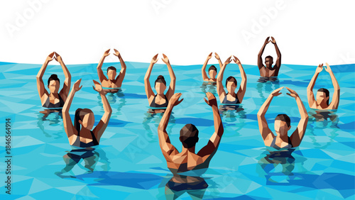 Geometric swimming lesson in low poly style with diverse group in blue water