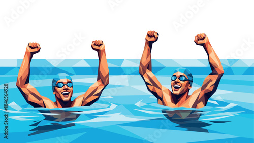 Geometric swimmers celebrating in abstract blue waters