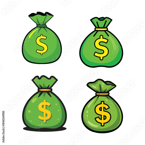 Vector Cartoon Money Pouch in Green with Dollar Sign Emblem for Cash Fund Profit and Business Concept Graphics