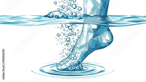 Geometric aqua design featuring polygonal foot with water bubbles