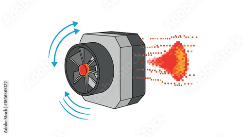 Futuristic jet engine with pixel exhaust emissions in flat style