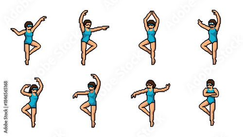 Pixel art female swimmer in yoga poses - retro gaming style