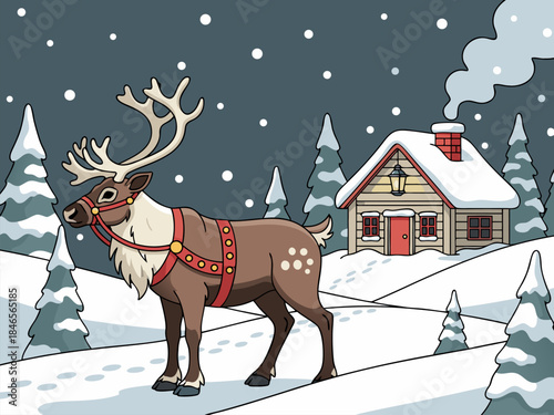 A majestic reindeer stands in a snowy landscape outside a cozy log cabin with smoke rising from its chimney.