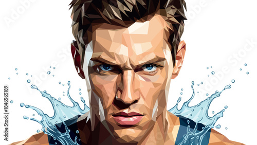 Geometric art of focused athlete with dynamic water splashes