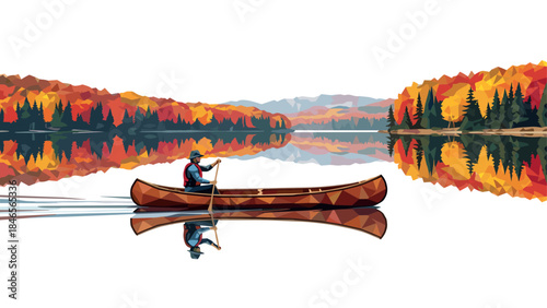 Geometric canoe adventure on tranquil autumn lake with colorful foliage reflection