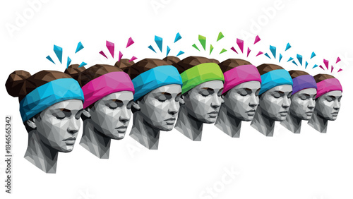 Colorful low poly busts with vibrant headbands and geometric shapes