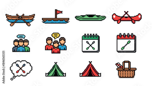 Pixel art outdoor adventure: boats, paddles, camping, and picnic icons