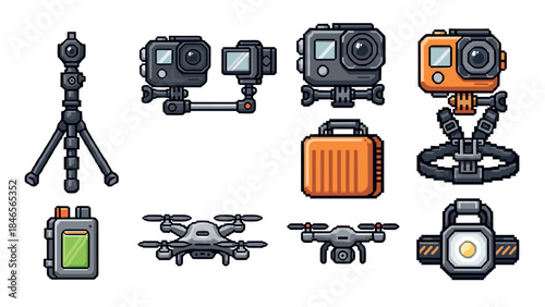 Modern camera equipment set with drone and accessories in detailed pixel art style