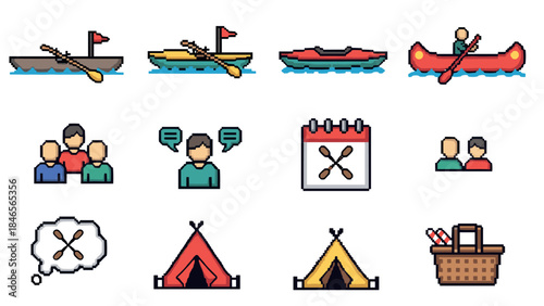 Colorful canoeing and camping icons in pixel art style
