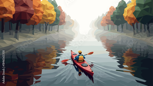 Autumn morning kayak adventure on misty geometric river with colorful trees