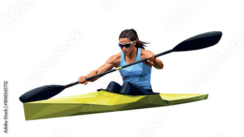 Low poly kayaking athlete in action with paddle