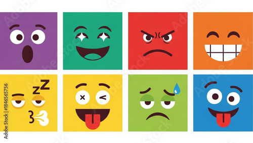 Vibrant collection of expressive square emoji faces showing diverse human emotions like joy anger surprise and sleep