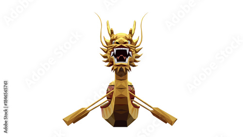 Golden polygonal dragon head with oars on white background