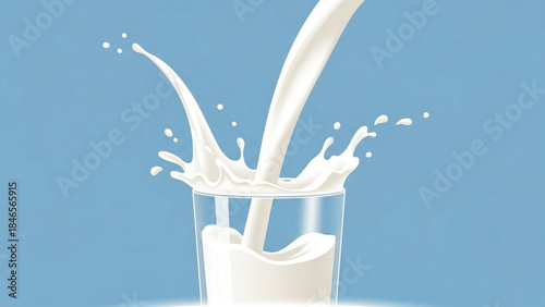 Stunning dynamic splash as fresh white milk pours rapidly into a clear glass against a bright blue background