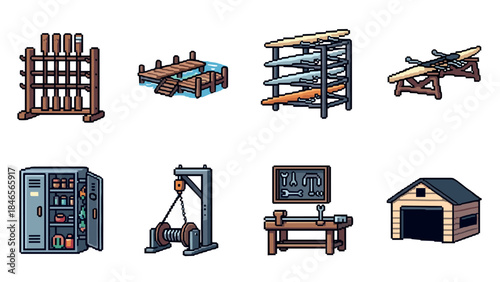 Isometric pixel art of playground and workshop equipment collection