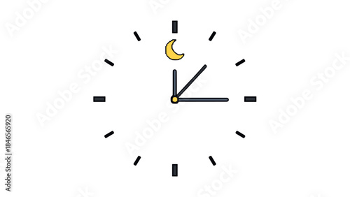Minimalist clock face with black hour marks and yellow crescent moon on white background