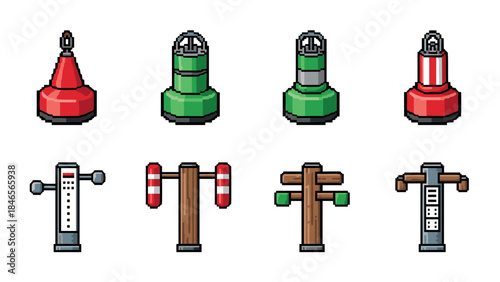 Pixel art marine buoys and gym equipment collection