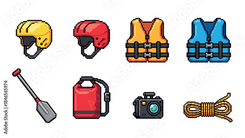Pixel art adventure gear collection: helmets, life jackets, and adventure accessories