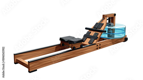 Water rowing machine with wooden frame and transparent tank in perspective view