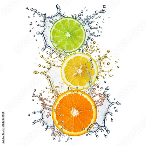 Stunning vibrant citrus slices of lime lemon and orange splashing dynamically through clear water against white background