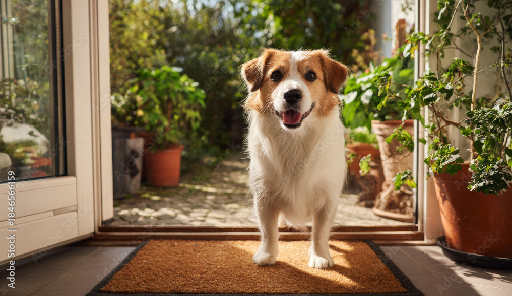 custom made wallpaper toronto digitalHappy small dog with white and brown fur standing on doormat at home near open glass door with plantted plants outside