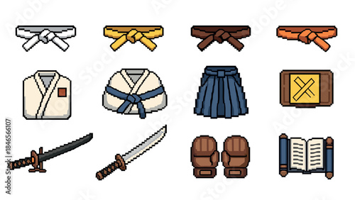 Pixel art martial arts gear: belts, weapons, and attire collection
