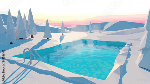 Serene winter poolside in low poly landscape with snowy trees