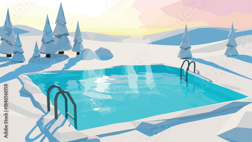 Winter wonderland: geometric pool oasis amid snowy low poly landscape